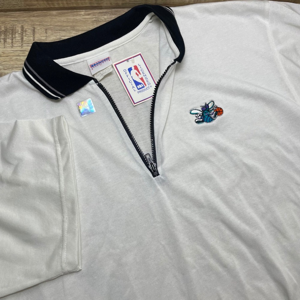 Vintage Charlotte Hornets NBA Quarter Zip Polo Shirt White Brandon Sportswear 1